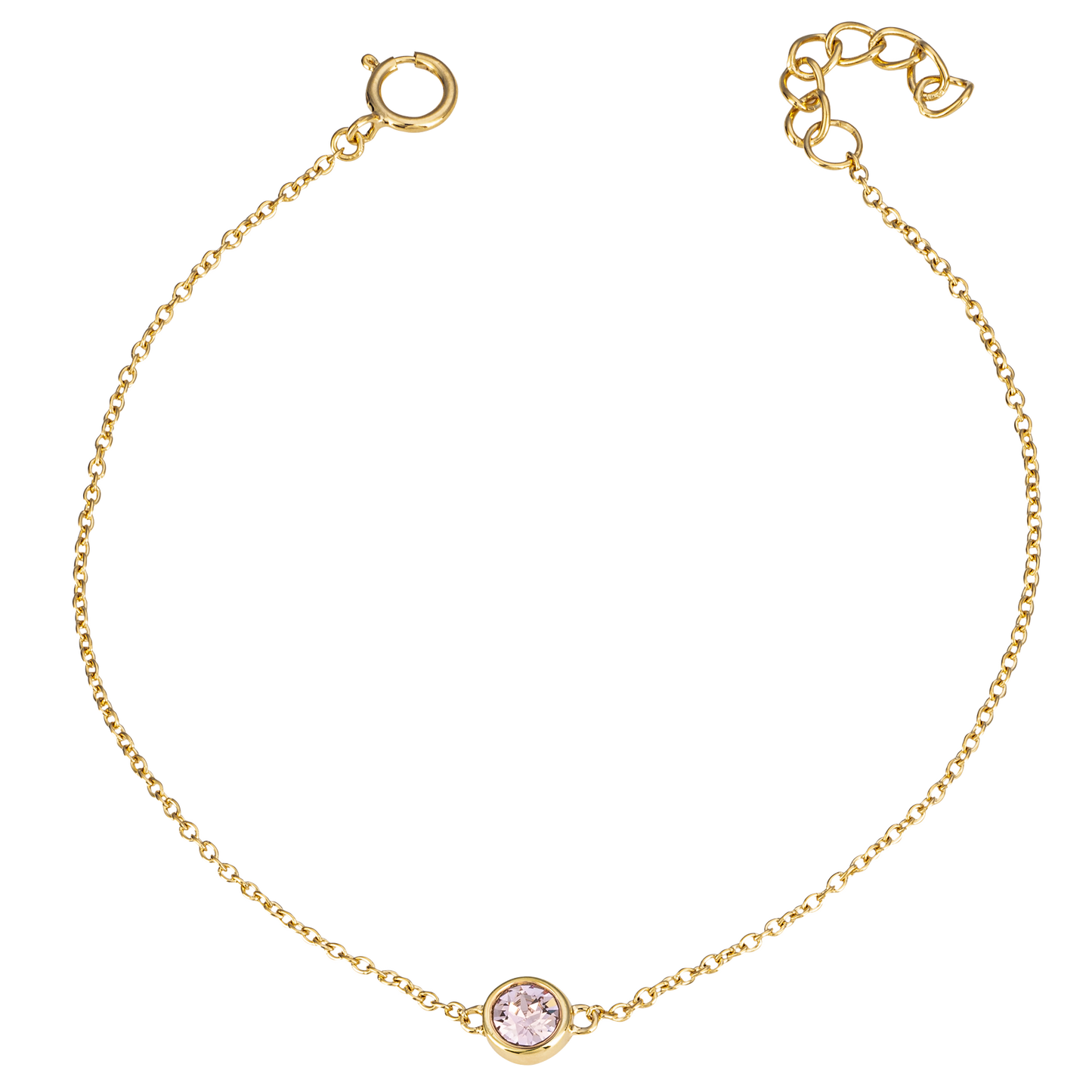 Gold bracelet with a pink gemstone on a white background