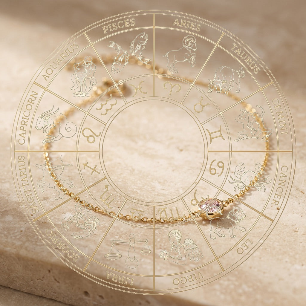 Gold bracelet with a diamond on an astrological chart