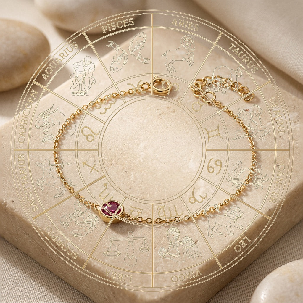 Gold bracelet with a red gemstone on a zodiac wheel