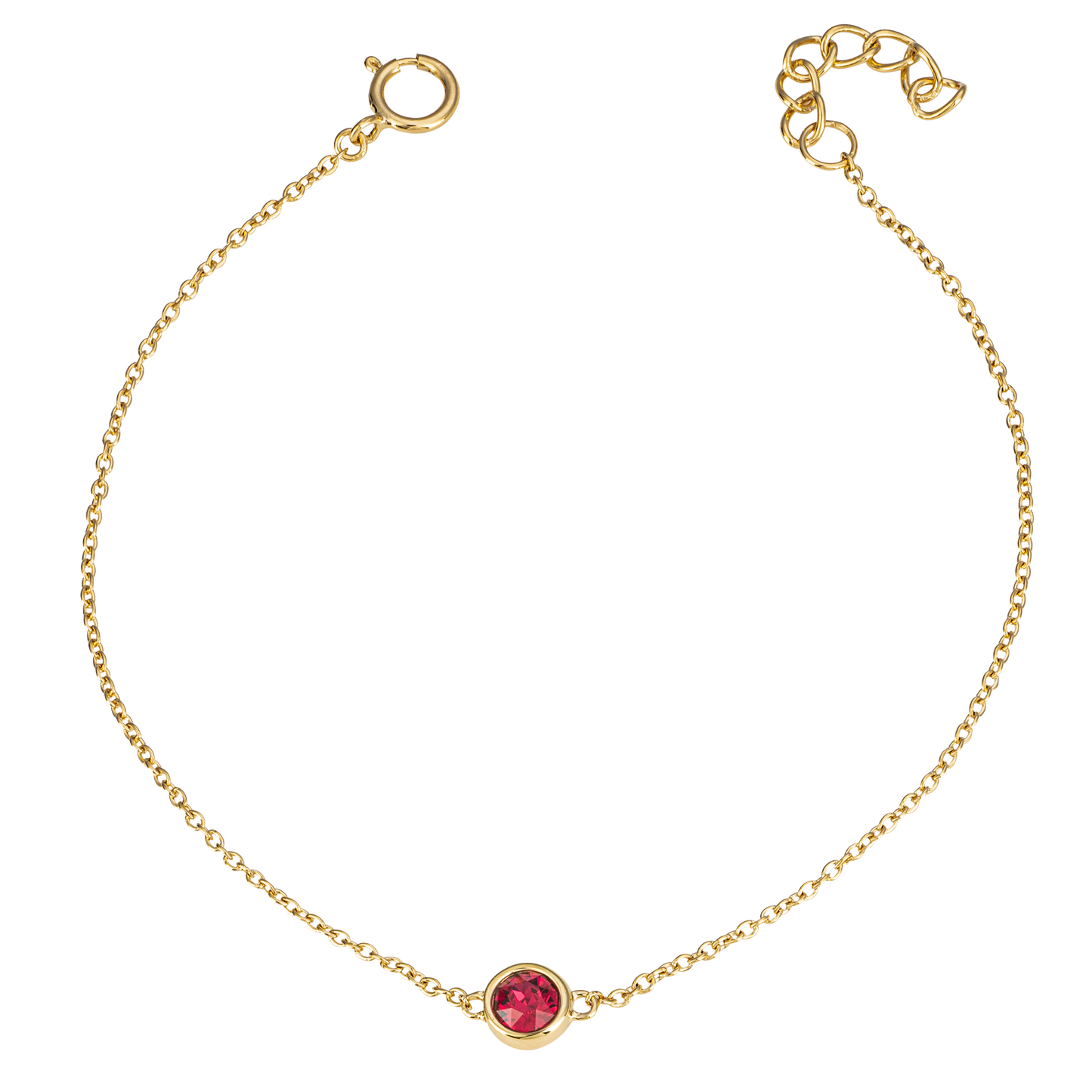 Gold bracelet with a red gemstone on a white background
