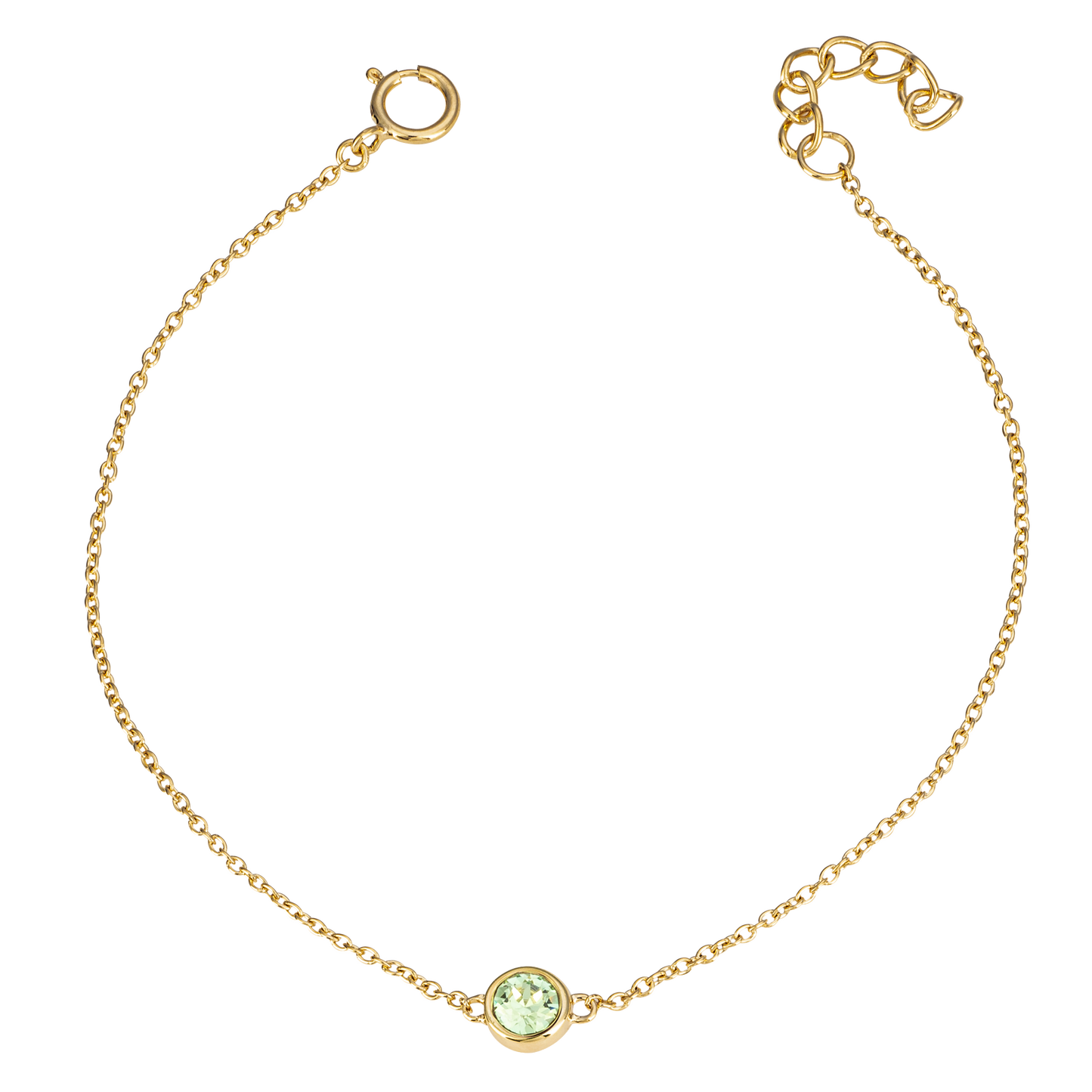 Gold bracelet with a green gemstone on a white background