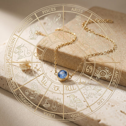 Gold necklace with a blue gemstone on an astrological wheel