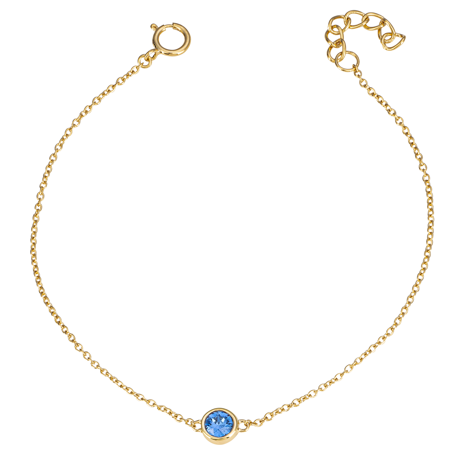 Gold bracelet with a blue gemstone on a white background