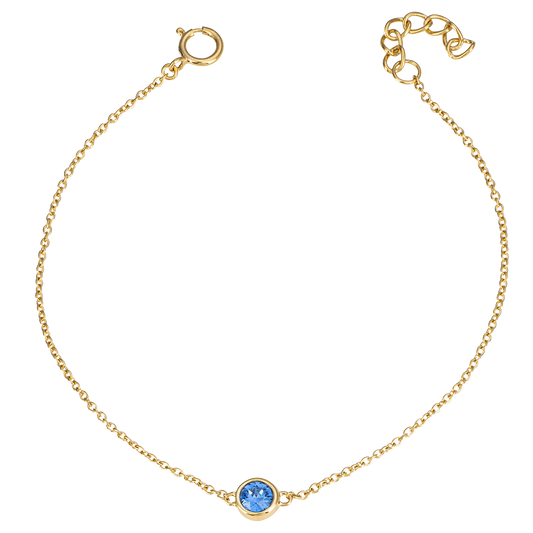 Gold bracelet with a blue gemstone on a white background