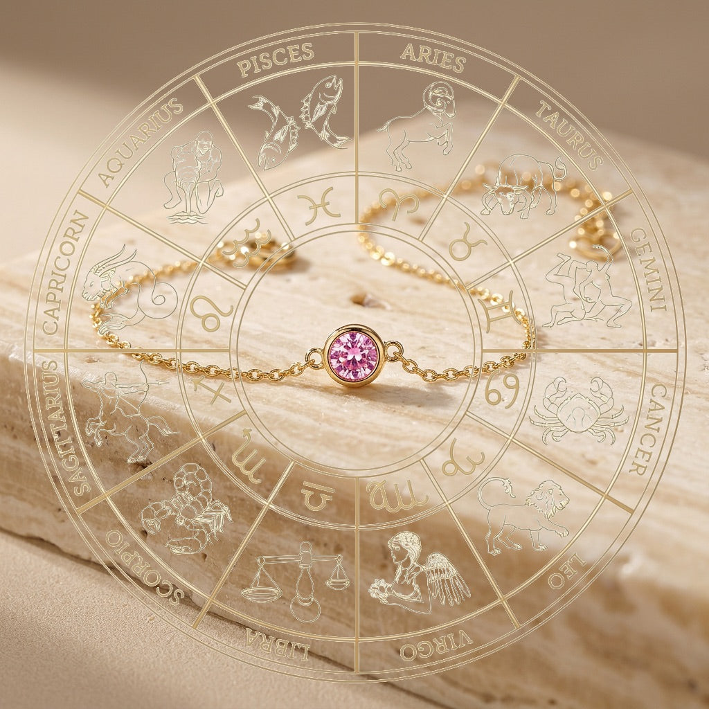 Gold bracelet with a pink gemstone on an astrological chart