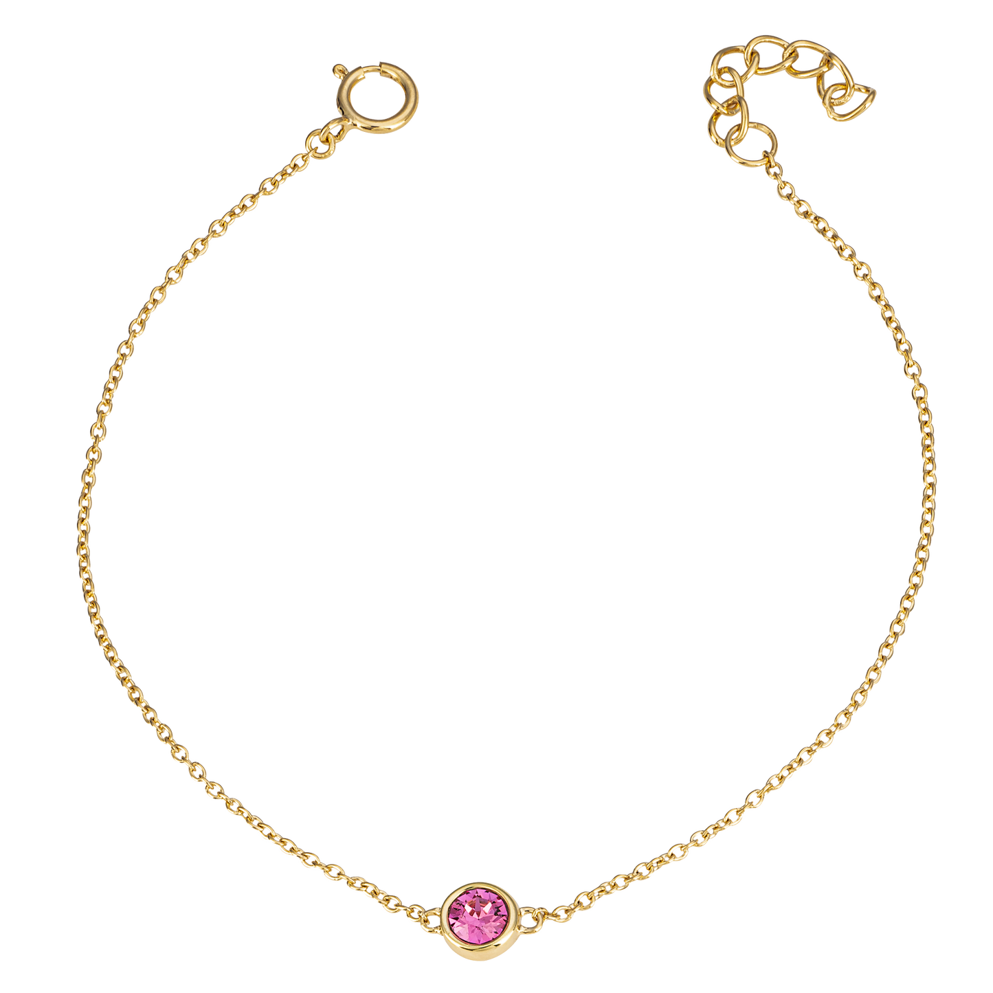 Gold bracelet with a pink gemstone on a white background