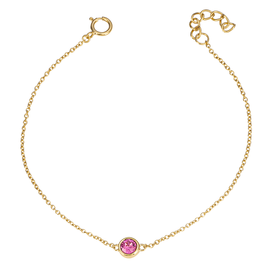 Gold bracelet with a pink gemstone on a white background