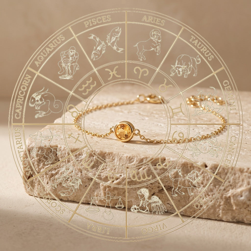 Gold ring with a yellow gemstone on a stone surface with zodiac signs.