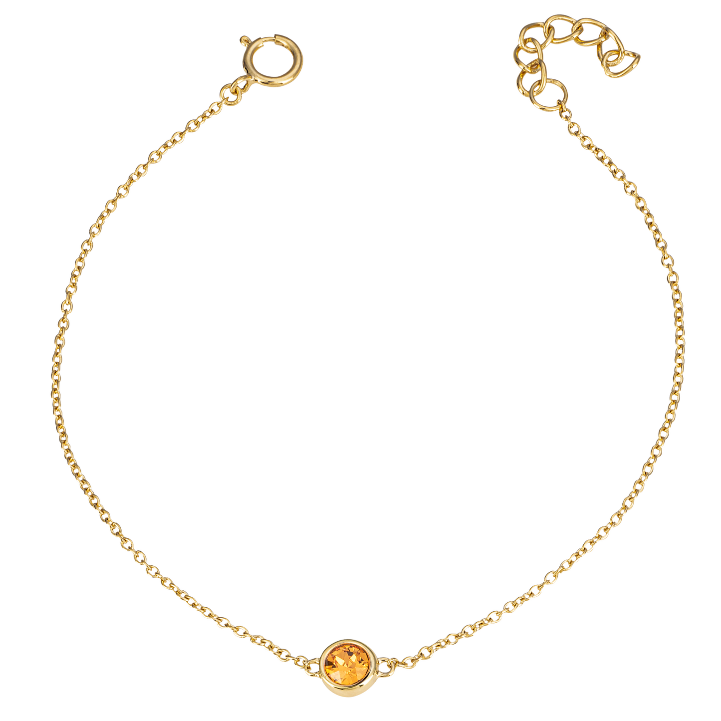 Gold bracelet with a round gemstone on a white background