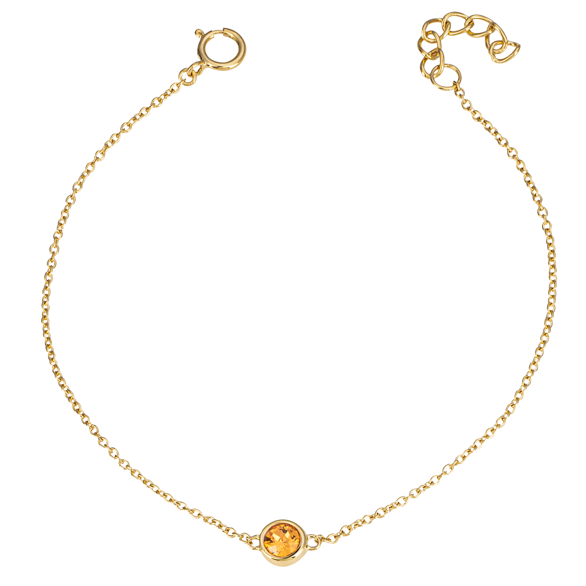 Gold bracelet with a round gemstone on a white background