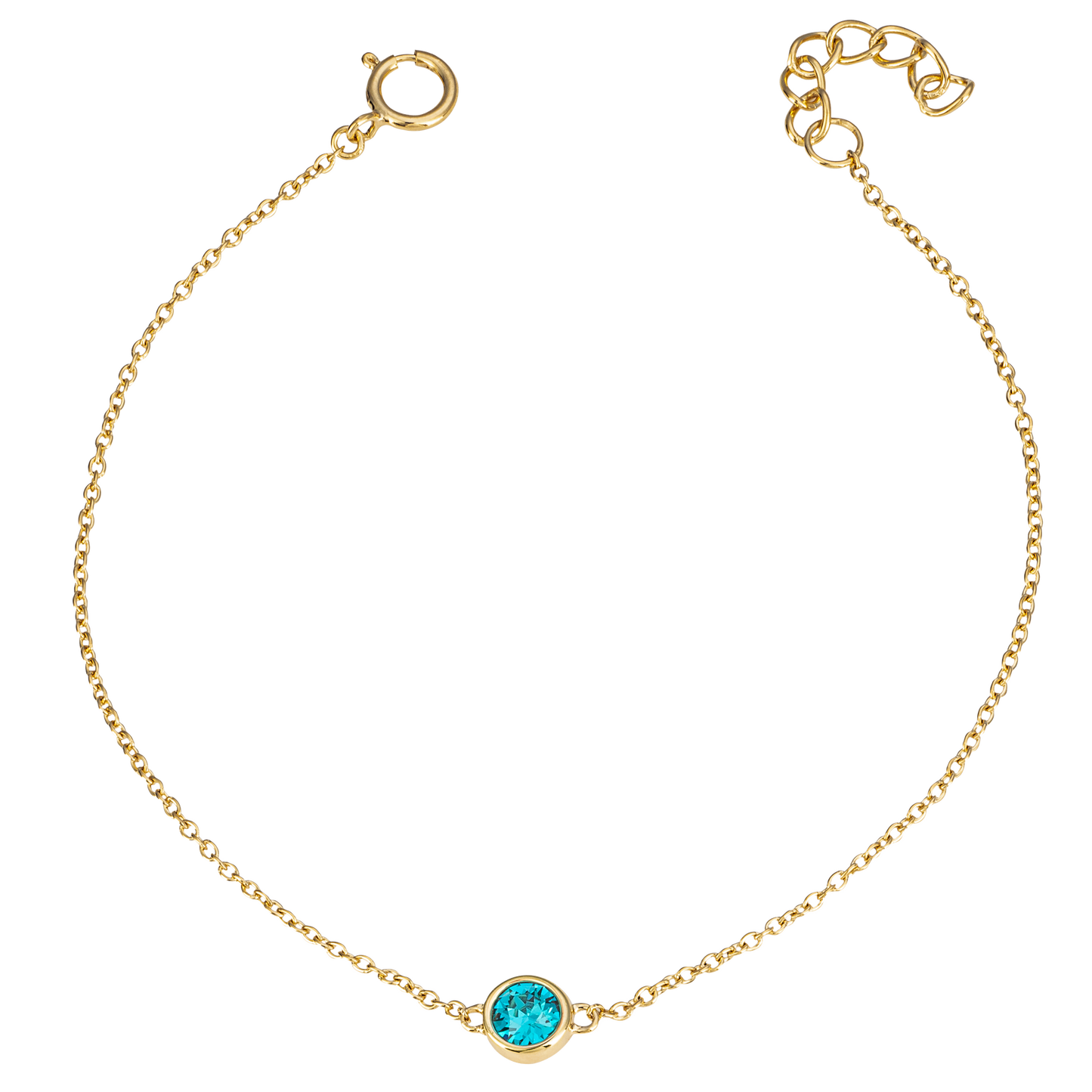 Gold bracelet with a blue gemstone on a white background
