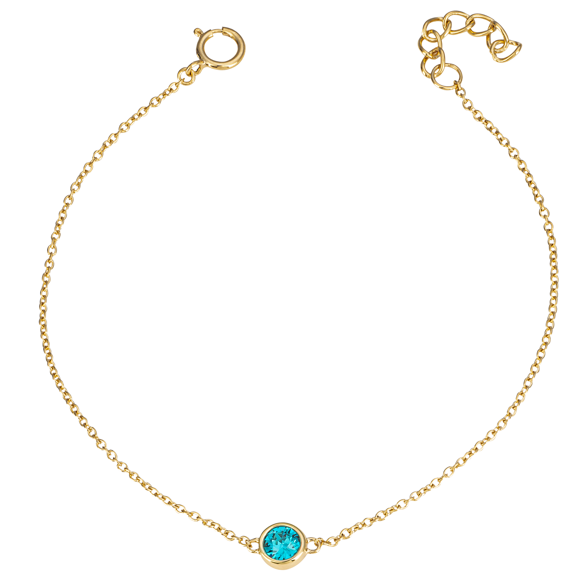 Gold bracelet with a blue gemstone on a white background