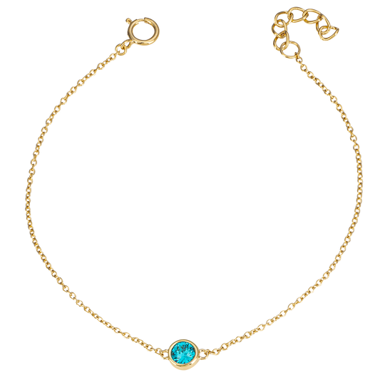 Gold bracelet with a blue gemstone on a white background