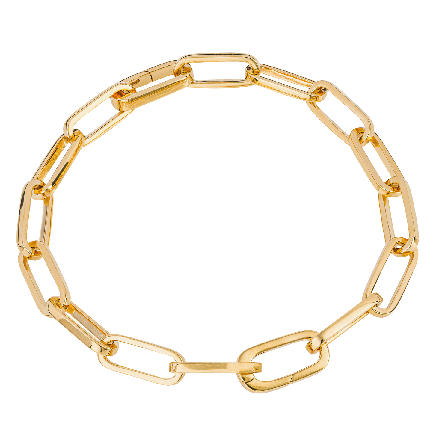 Long Link Charm Carrier Gold Bracelet on a white background
