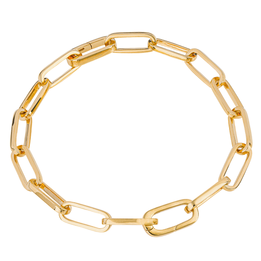 Long Link Charm Carrier Gold Bracelet on a white background