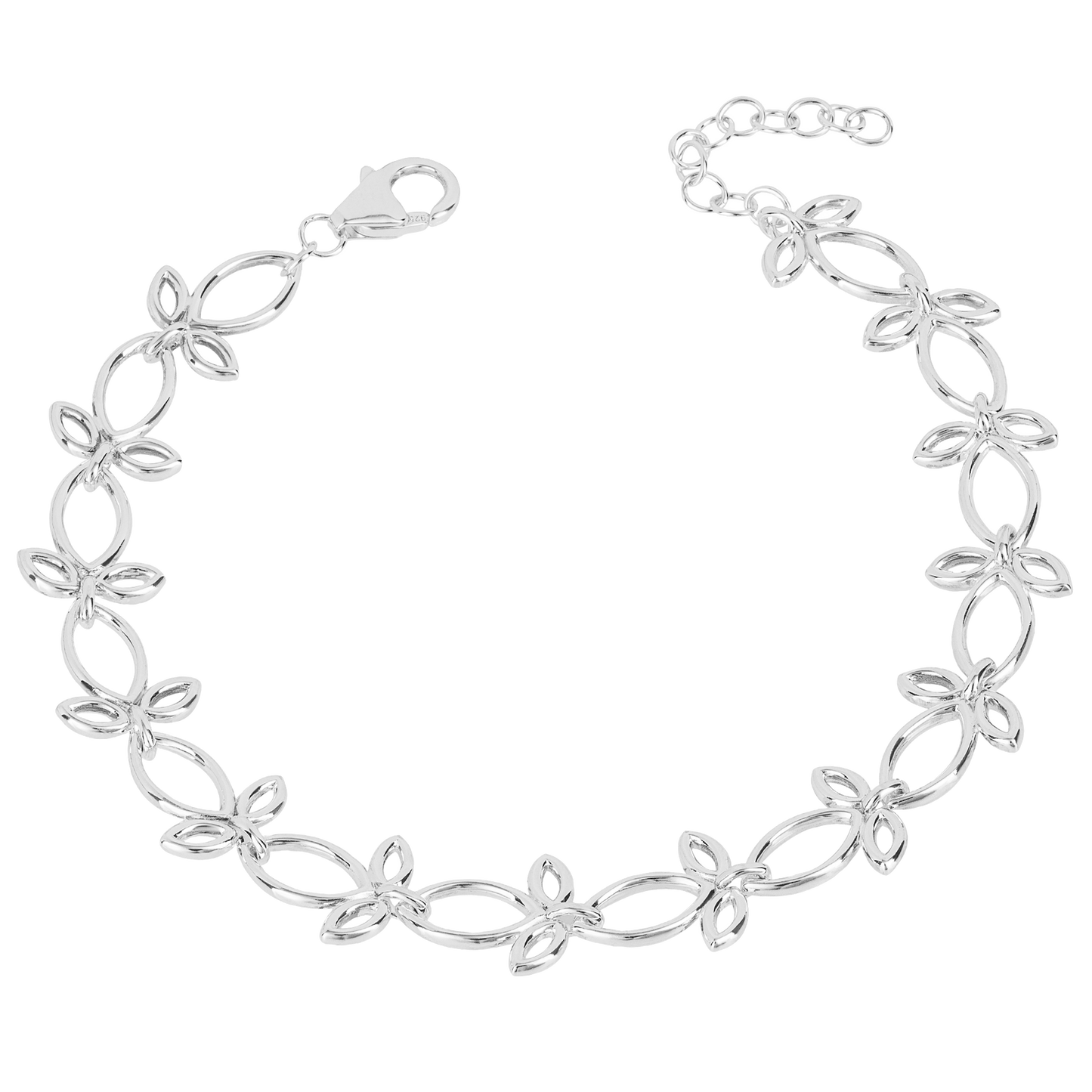 Silver bracelet with floral links on a white background