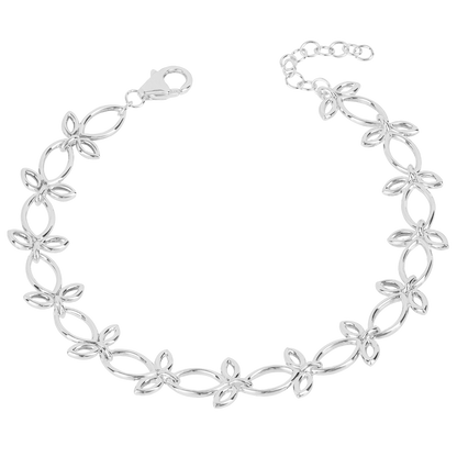 Silver bracelet with floral links on a white background
