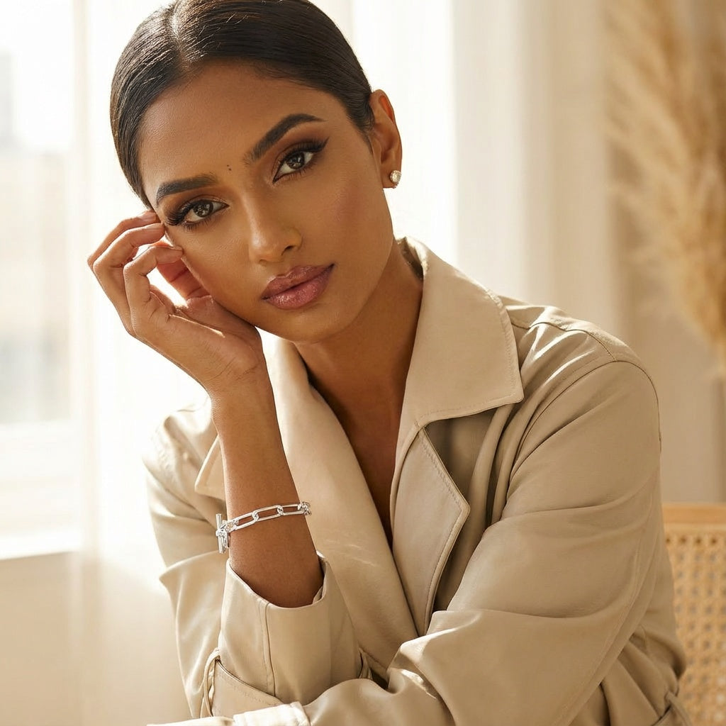 Woman wearing a beige coat with a blurred background