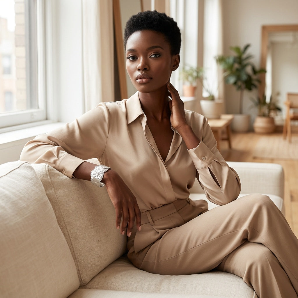 Woman in a beige outfit sitting on a couch in a bright room wearing a Hammered Disc Statement Cuff Bangle.