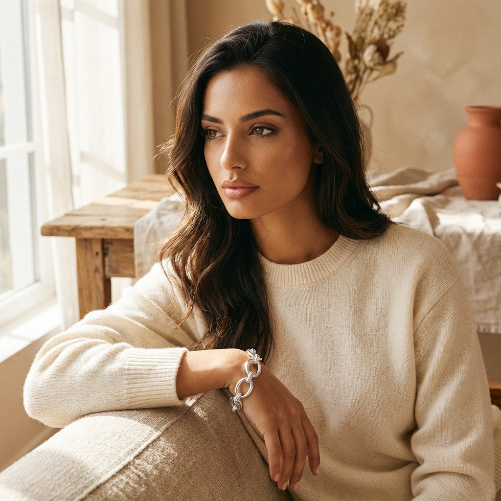 Woman wearing a beige sweater sitting in a cozy room with a window and decorative items.