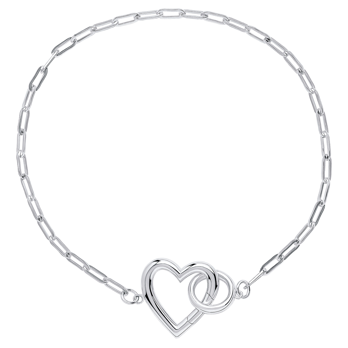 Silver necklace with a heart and interlocking ring design on a white background