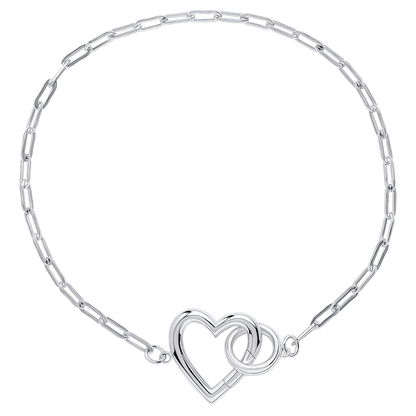 Silver necklace with a heart and interlocking ring design on a white background