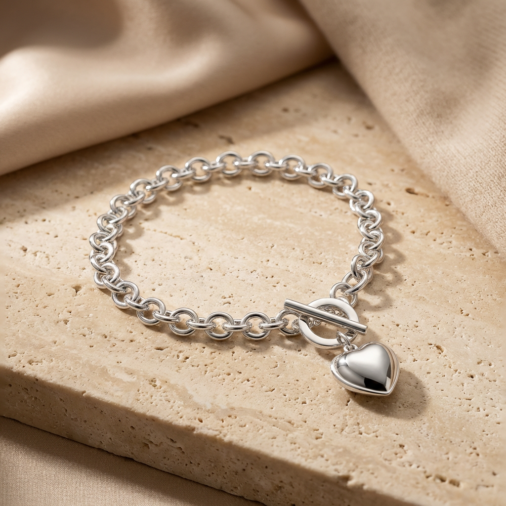 Puff Heart T-Bar Chain Bracelet on beige tile bracelet
