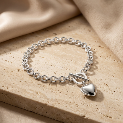 Puff Heart T-Bar Chain Bracelet on beige tile bracelet