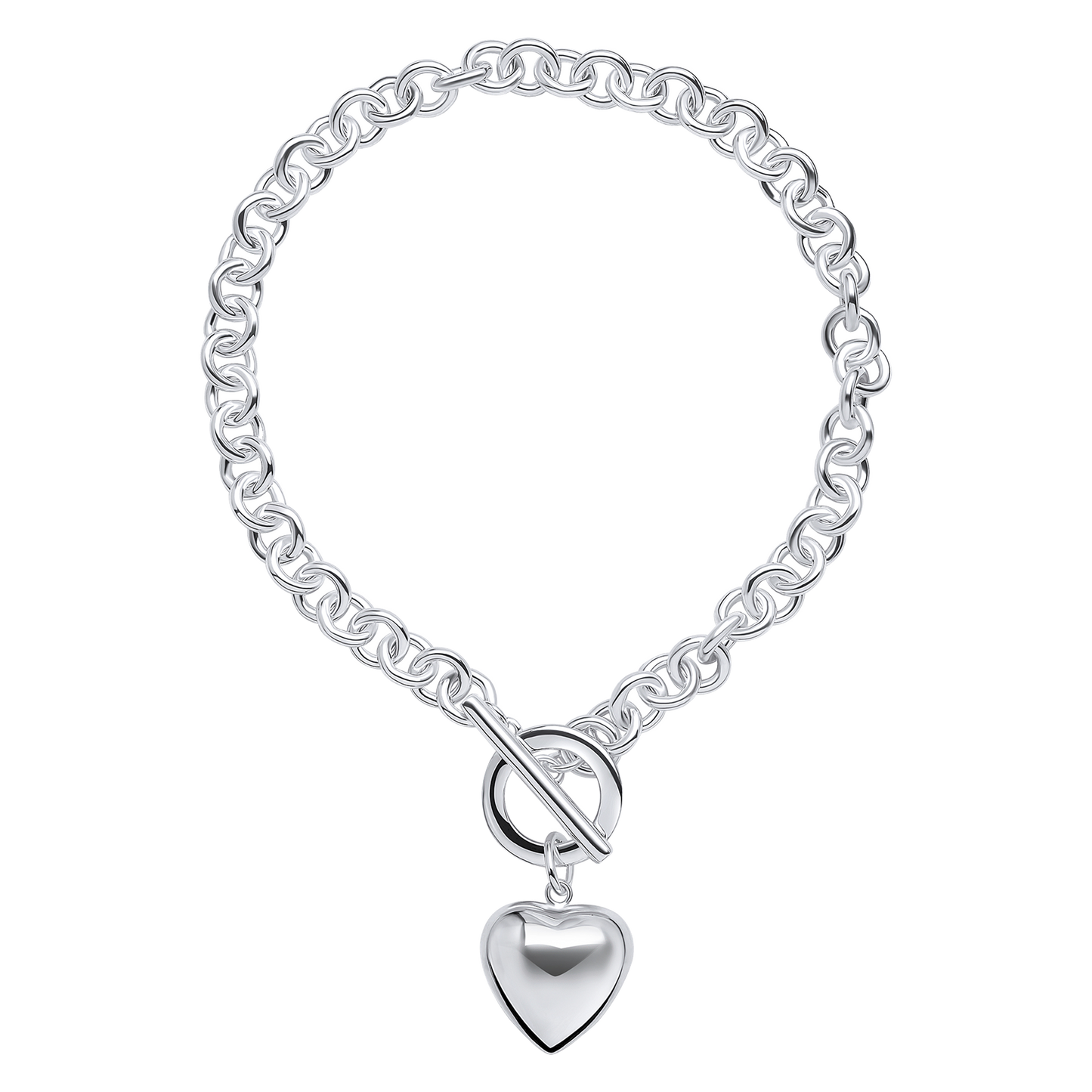 Silver bracelet with a heart-shaped charm on a white background