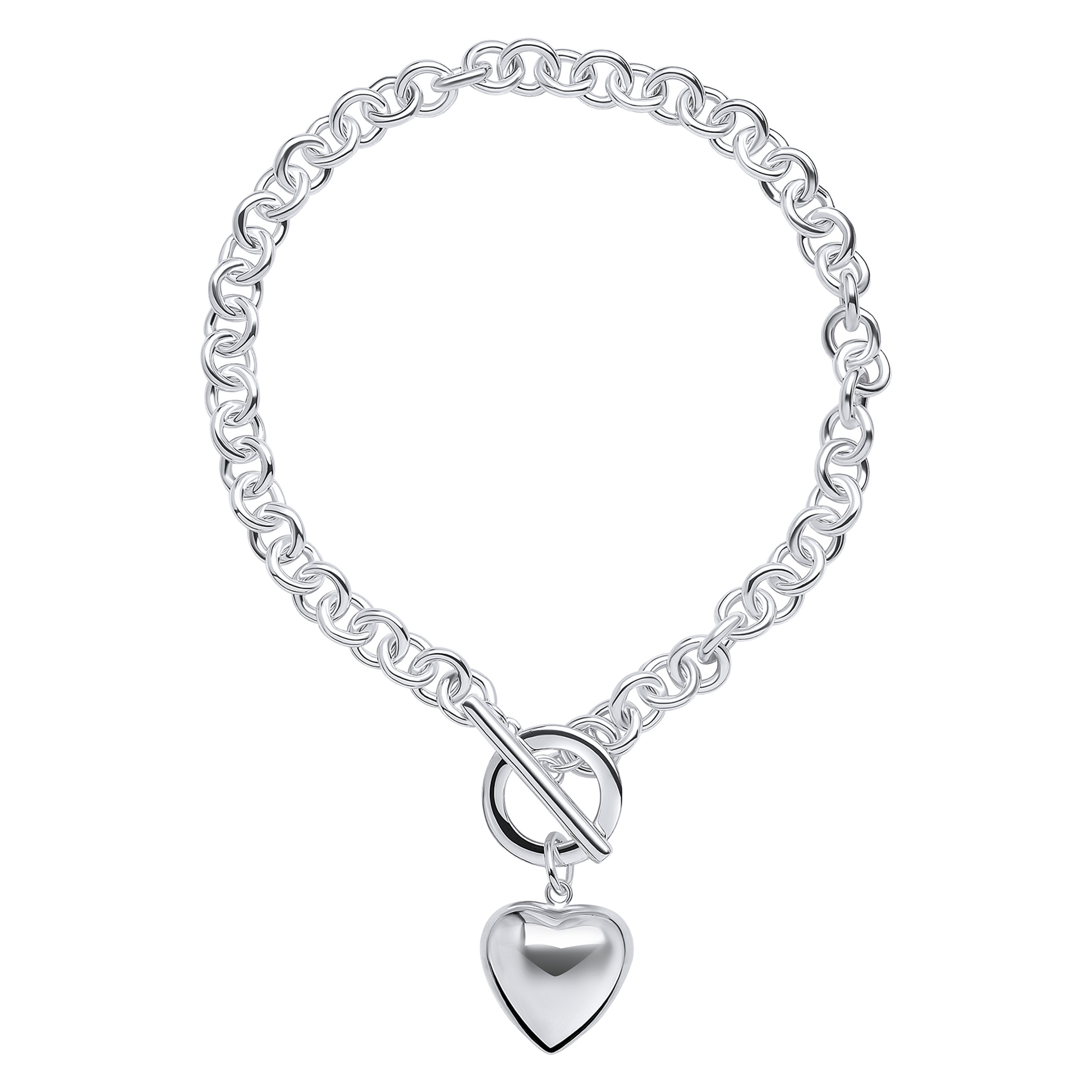 Silver bracelet with a heart-shaped charm on a white background