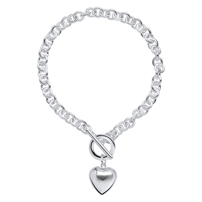 Silver bracelet with a heart-shaped charm on a white background