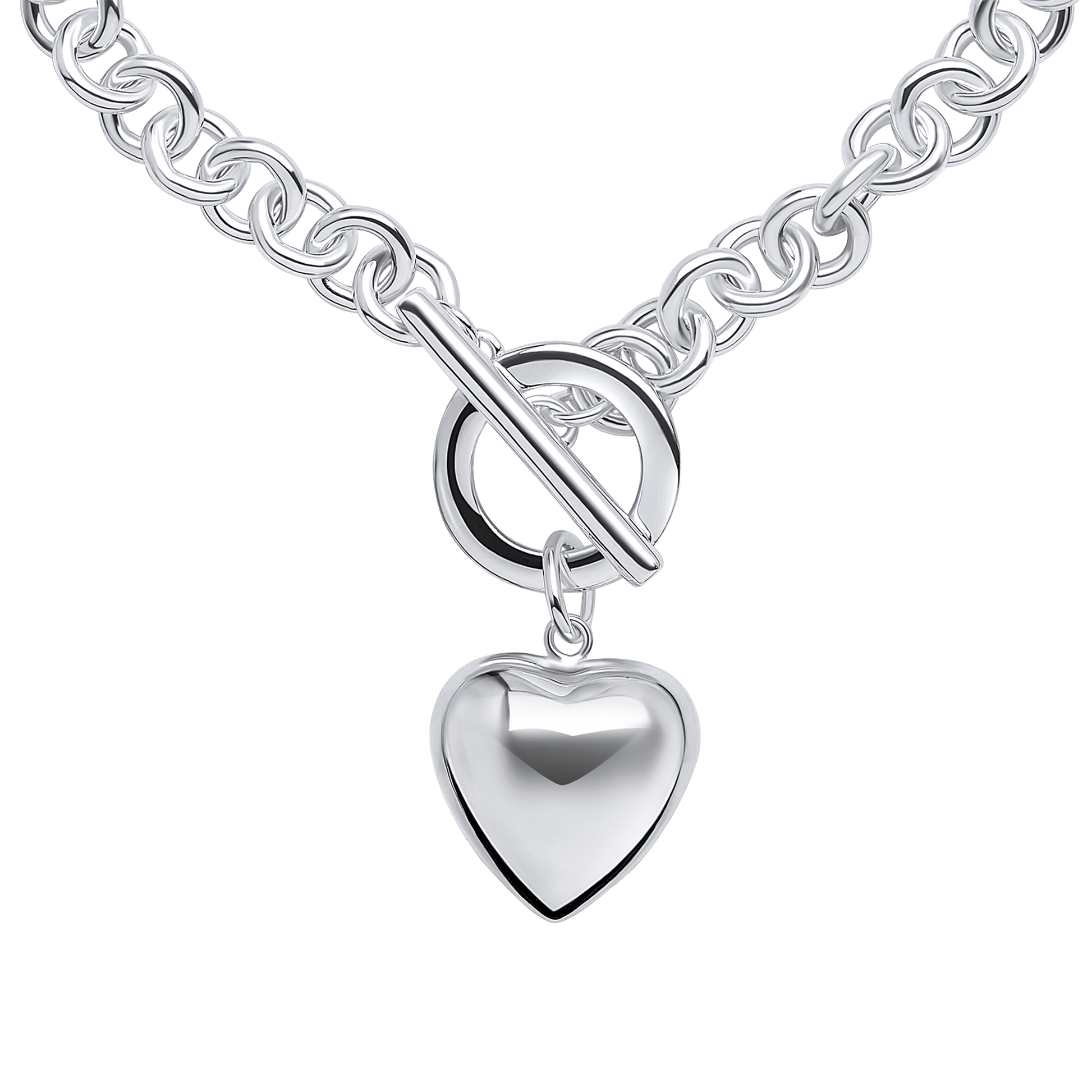 Detail - Silver necklace with a heart-shaped pendant on a white background