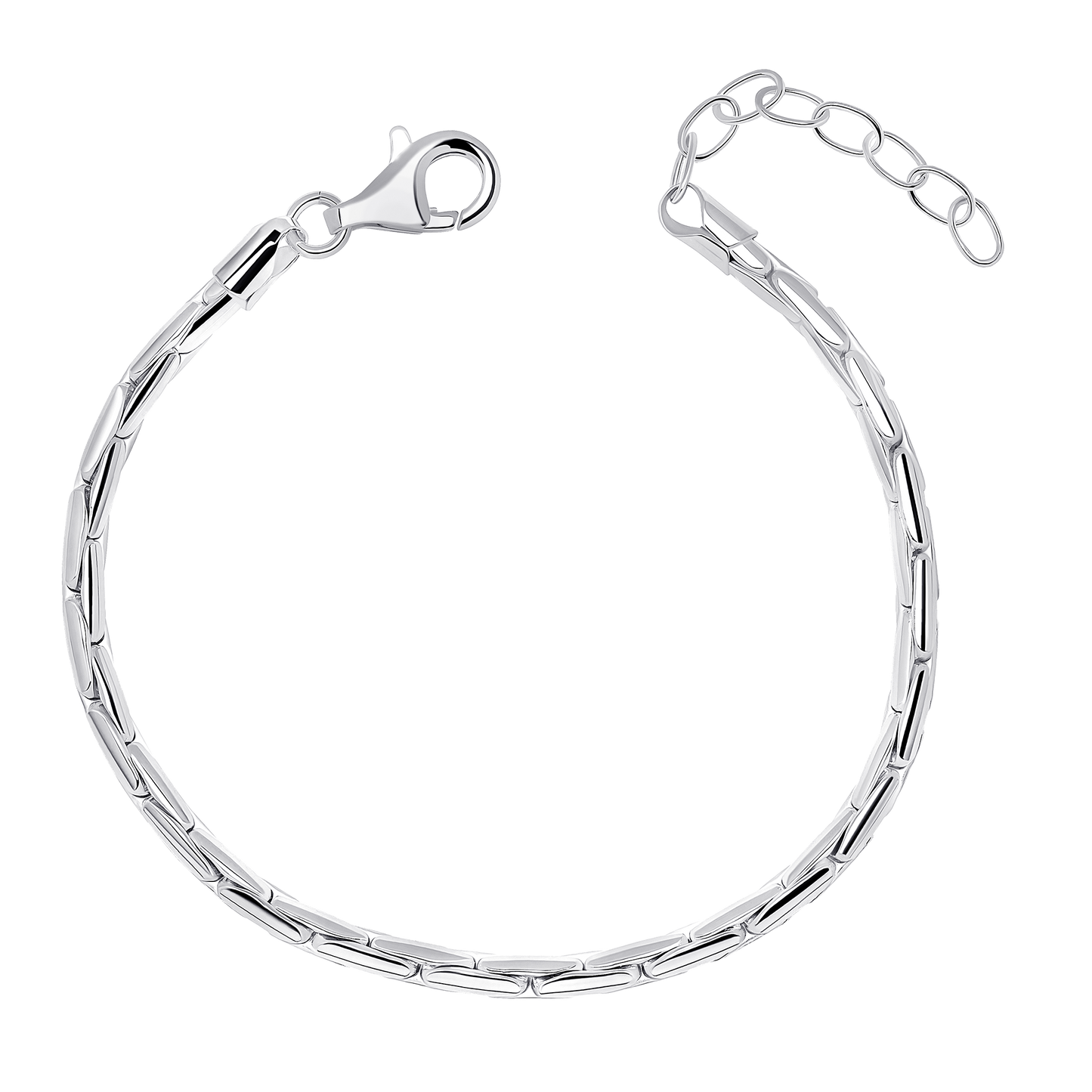 Silver bracelet with a clasp on a white background