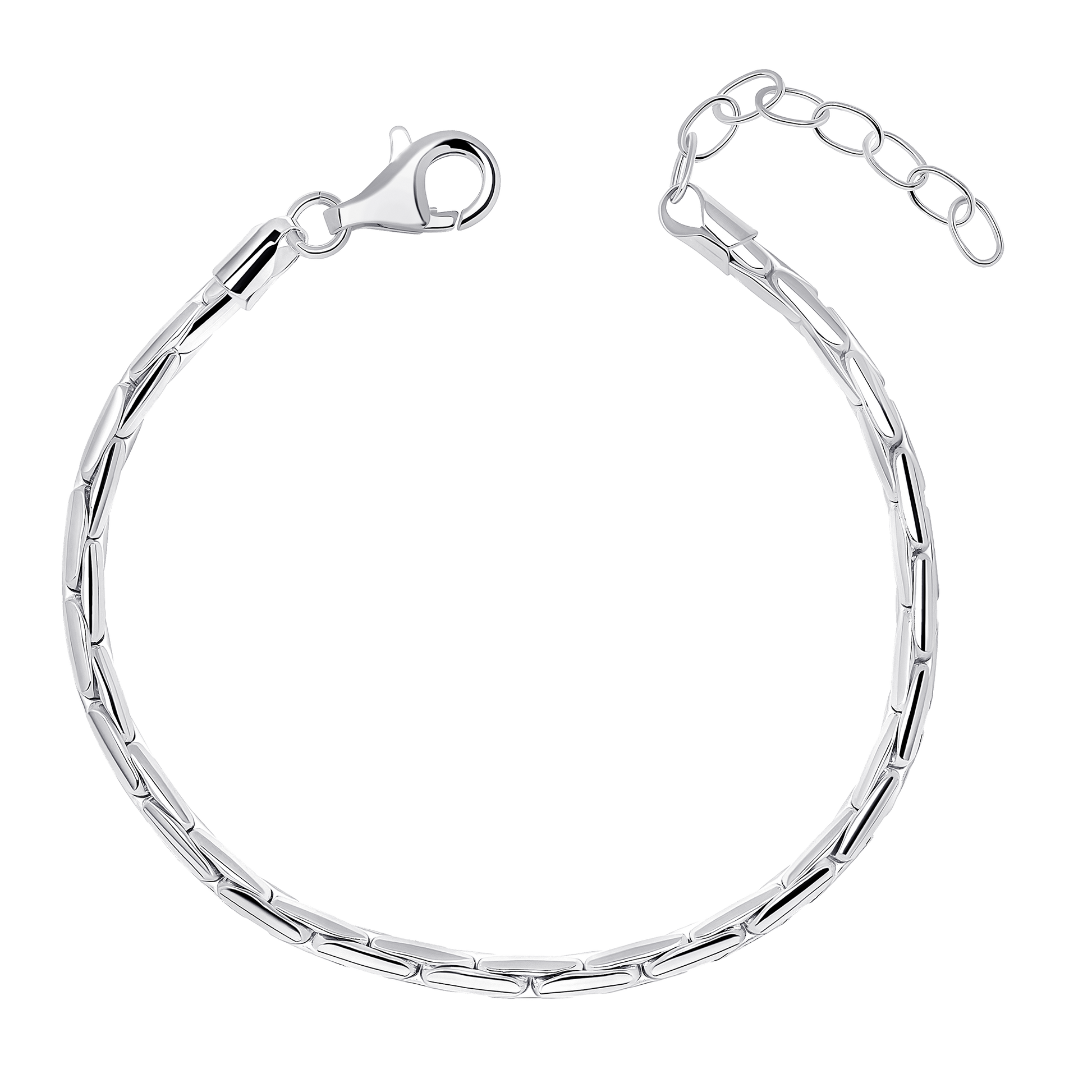 Silver bracelet with a clasp on a white background