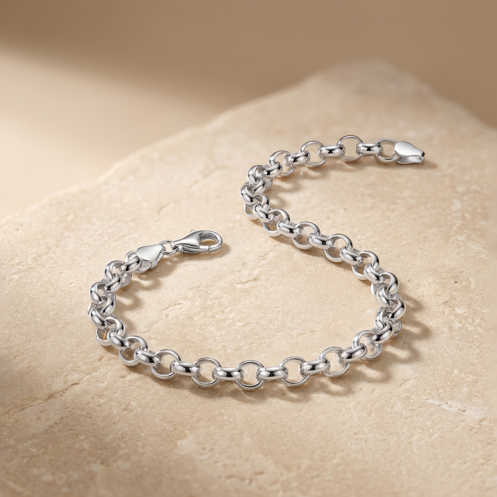 Silver chain bracelet on a beige stone surface