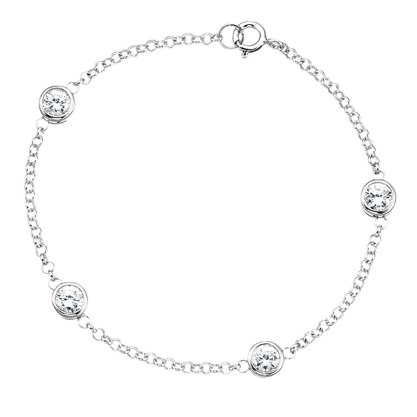 Silver bracelet with clear gemstones on a white background