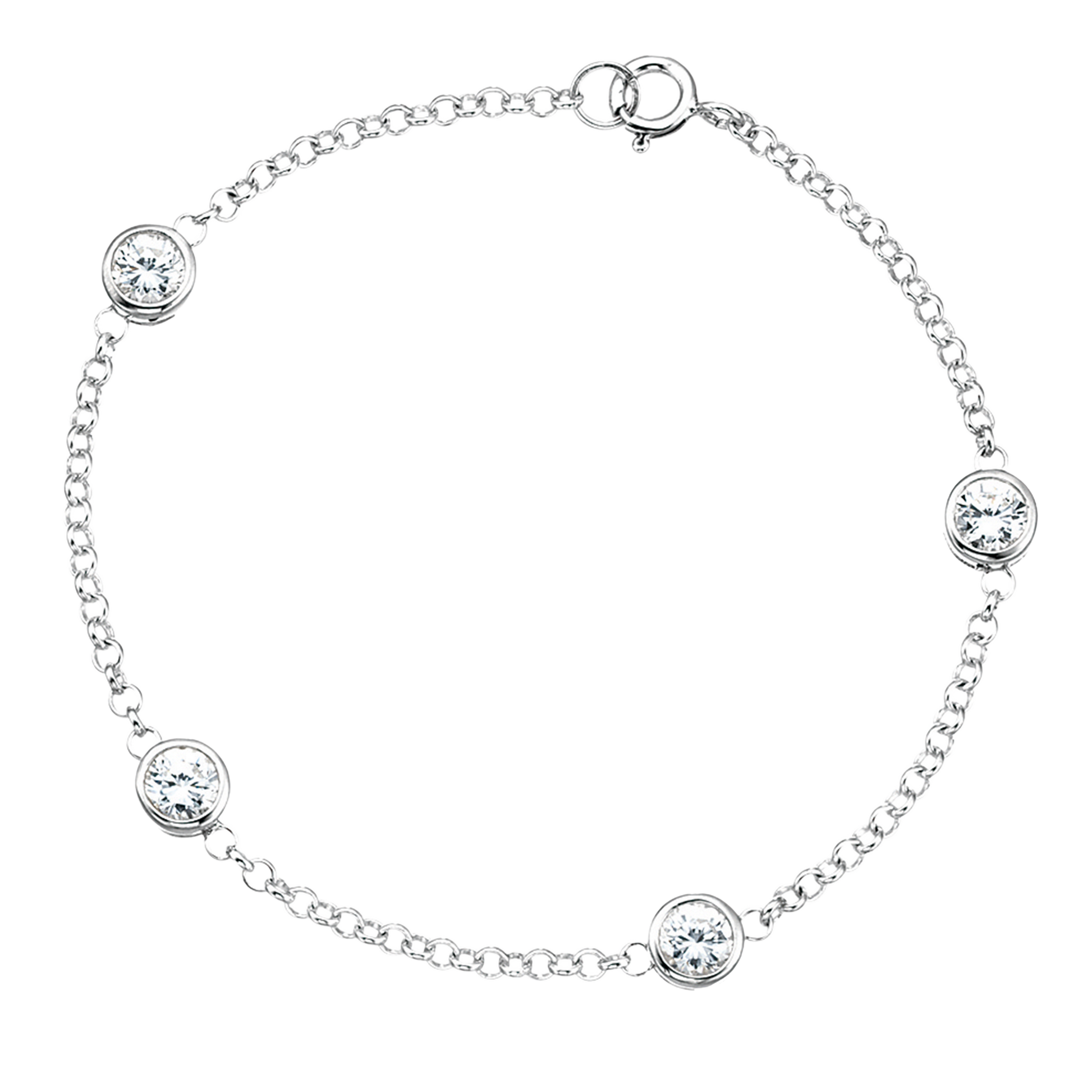 Silver bracelet with clear gemstones on a white background