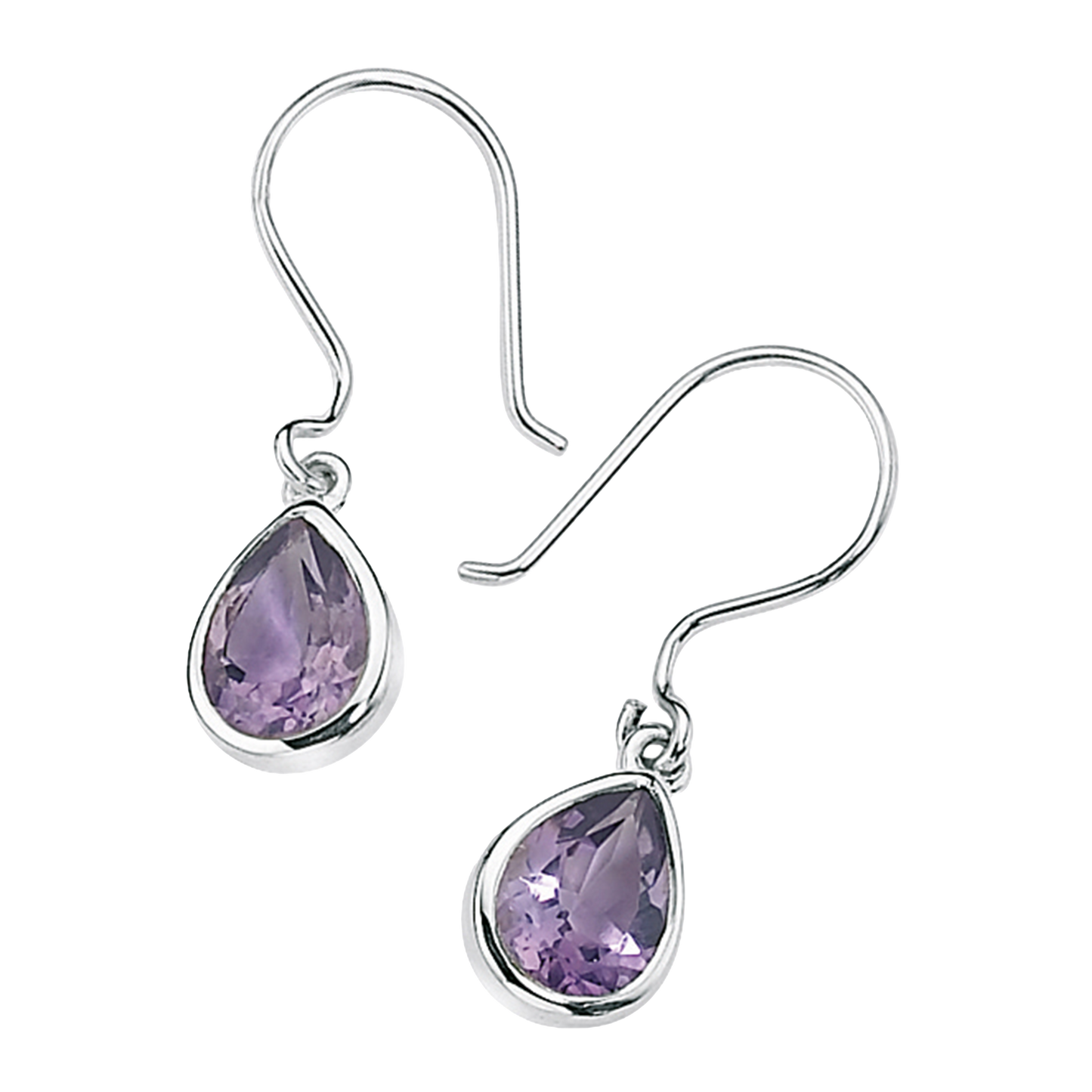 Silver teardrop earrings with purple gemstones on a white background
