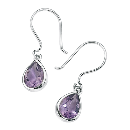 Silver teardrop earrings with purple gemstones on a white background