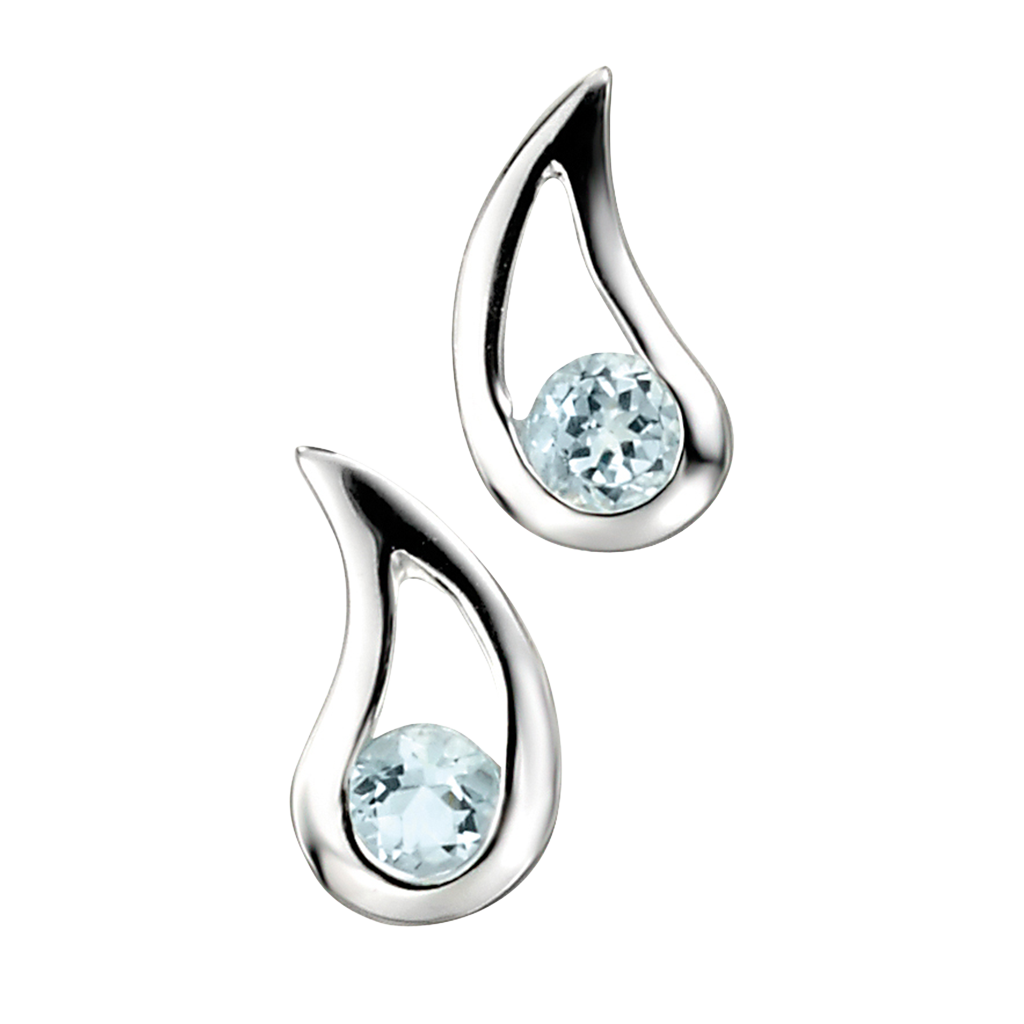 Silver earrings with blue gemstones on a white background