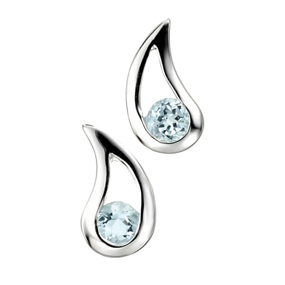 Silver earrings with blue gemstones on a white background