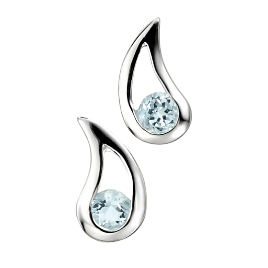 Silver earrings with blue gemstones on a white background