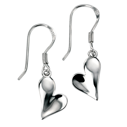 Pair of silver heart-shaped earrings on a white background
