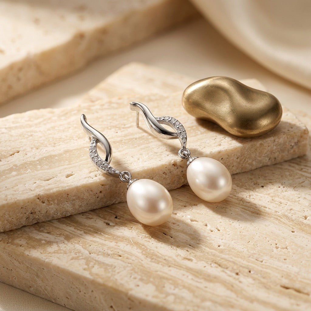 Pearl earrings with silver hooks on a beige stone surface