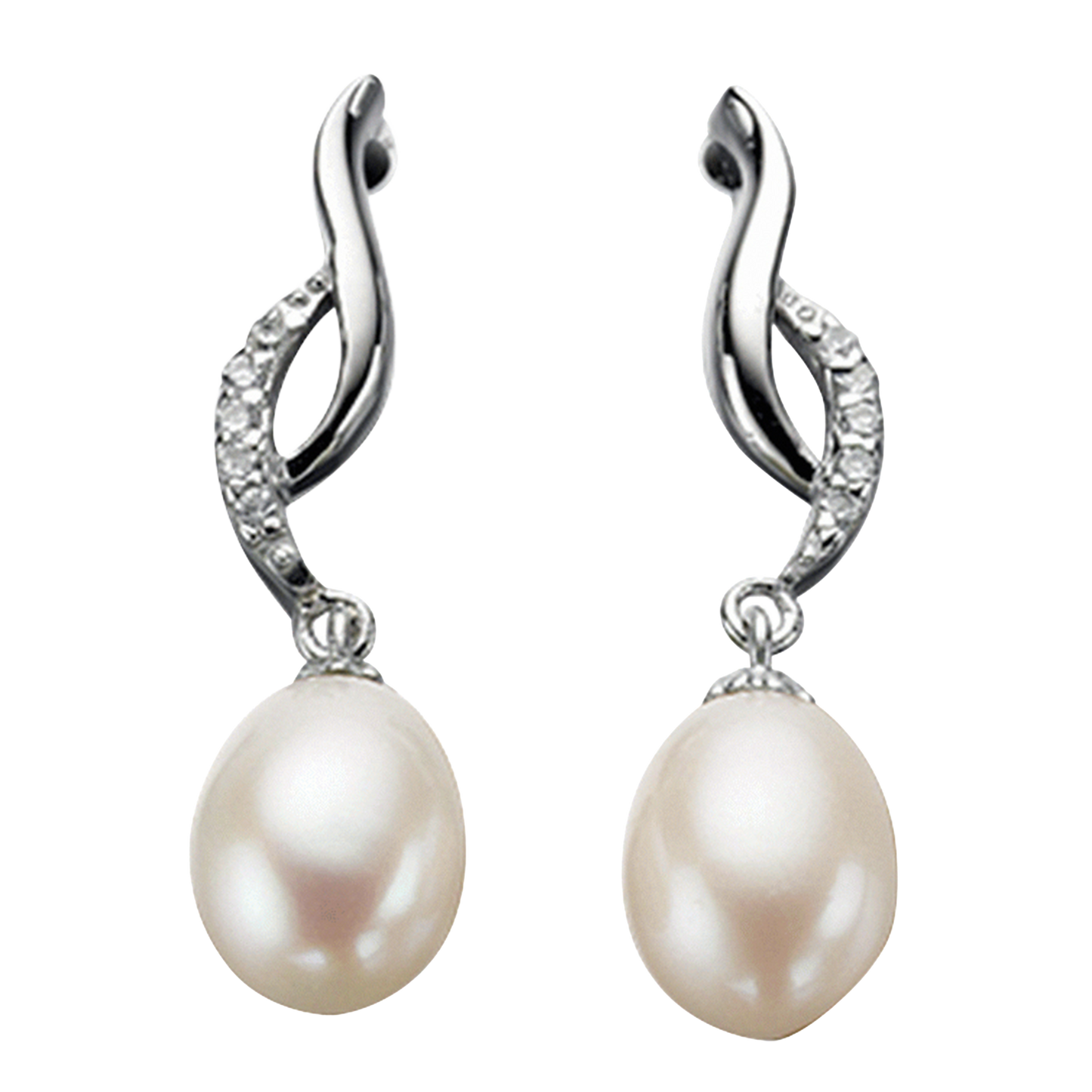Pearl earrings with silver wave designs on a white background