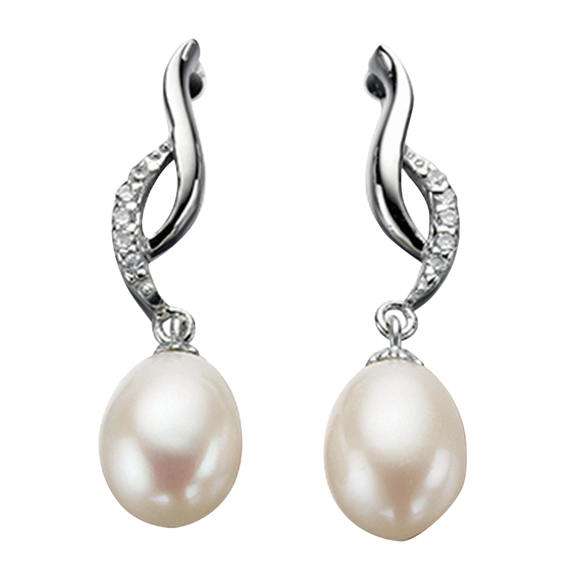 Pearl earrings with silver wave designs on a white background