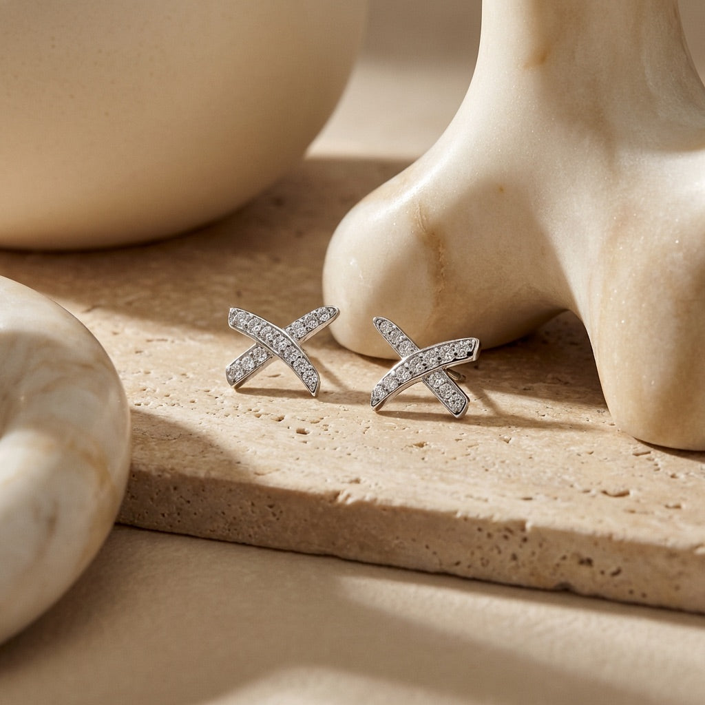 Kiss Shaped Cross Earrings with Cubic Zirconia