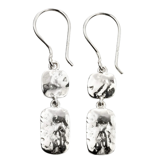 Silver earrings with rectangular stones on a white background