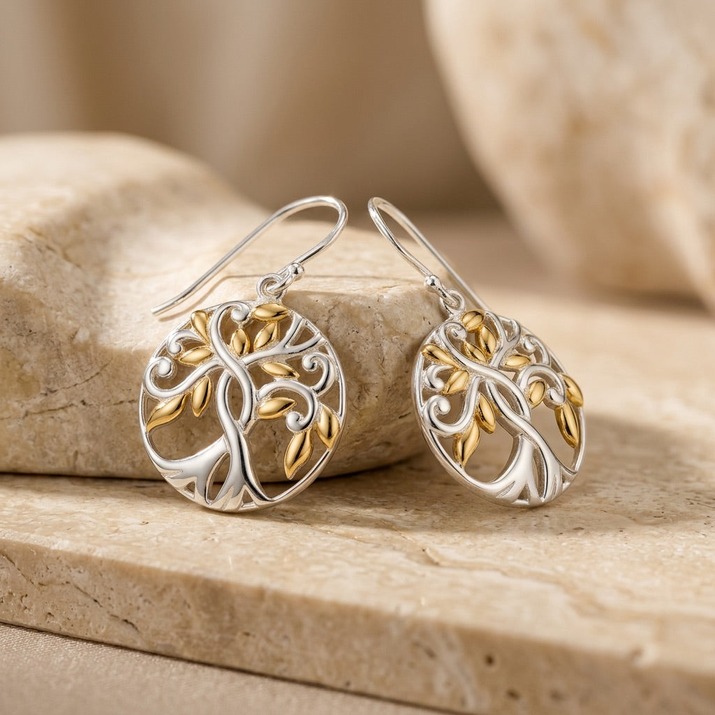 Pair of Tree of Life Gold plate Earrings  on a stone surface