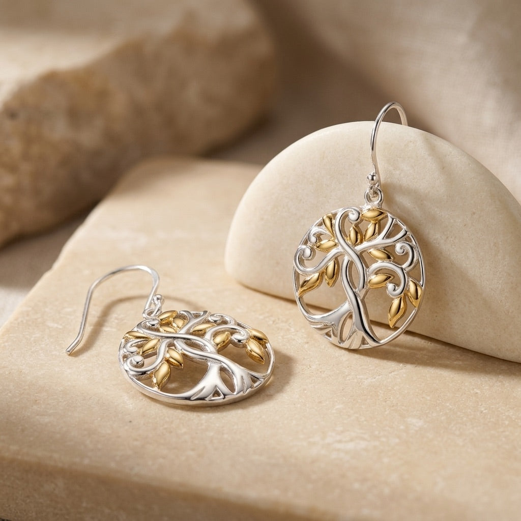 Pair of Tree of Life Gold plate Earrings  on a beige stone surface